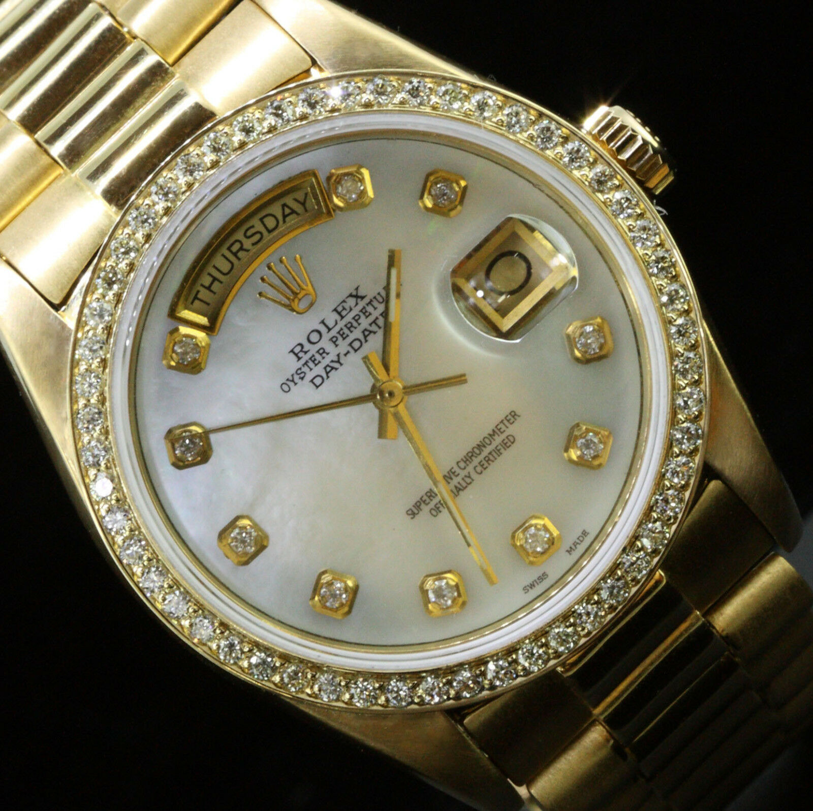 Rolex Mens Presidential Day-Date Mother Of Pearl Quick Set Diamond Dial ...